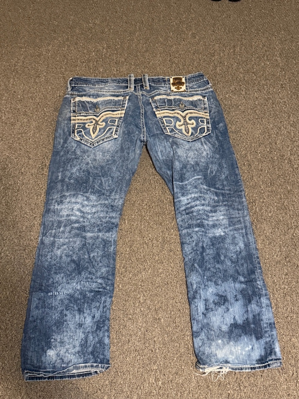 Rock Revival Lowry Mens Relaxed Straight Jeans Size 44 Distressed Acid Wash Blue
